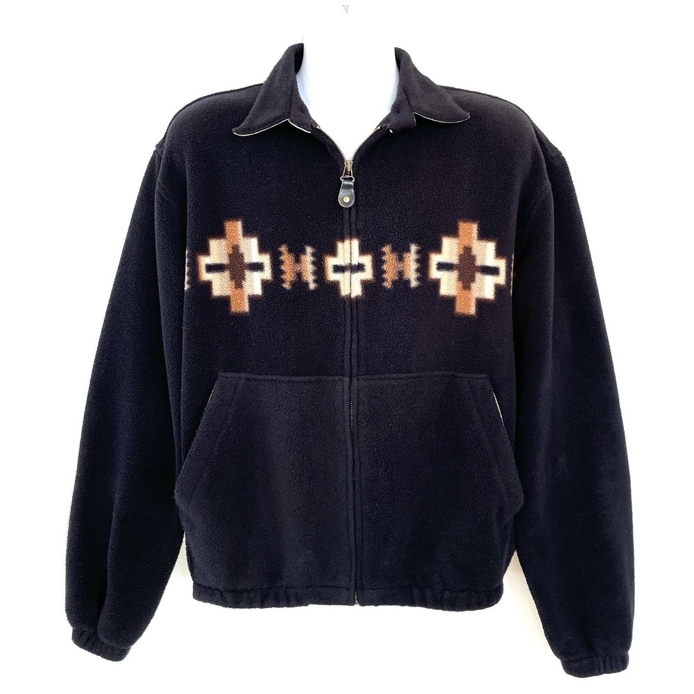 Vintage Roper Southwestern Aztec Fleece Jacket Mens Large Black USA